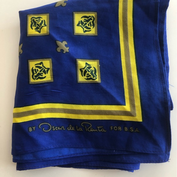 Vintage Oscar de la Renta Scarf - B.S.A - Blue & Yellow Neckerchief - Picture 5 of 10